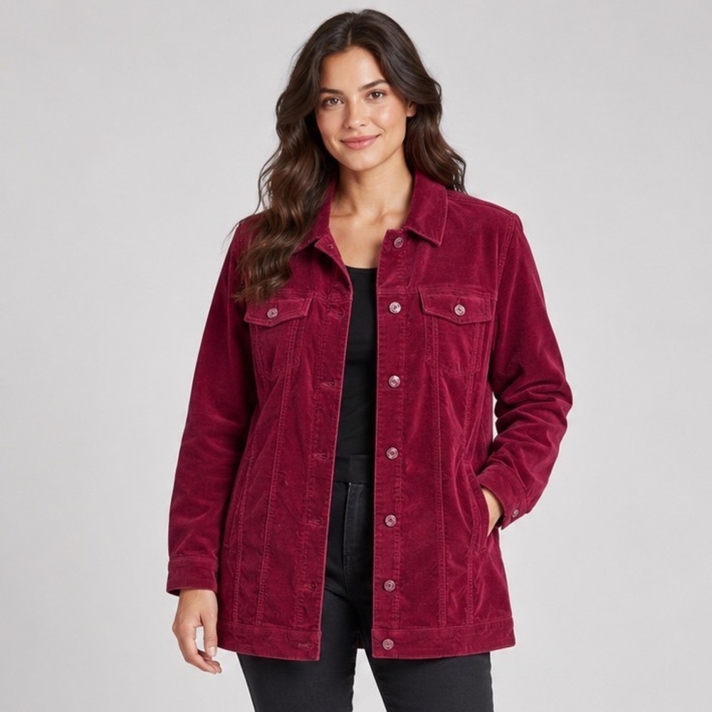 Denim & Co Corduroy Jacket Womens XL Burgundy Longline Trucker Dark Academia